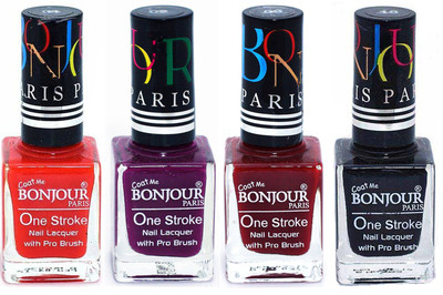 Bonjour Paris Ultra-long-wear formula High Shine Nail Polish 09 Red, Plum, Dark Red, Black(Pack of 4)