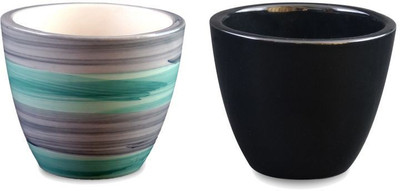 

YELLOWTABLE Combo of Elegant Grey Green Stripes and Jet Black Mini Ceramic Flower Pot (Height 3 inch); Pot for Living Room / Table Top / Indoor Plants / Artificial Flowers / Garden D�cor Plant Container Set (Pack of 2, Ceramic) Plant Container Set(Pack of