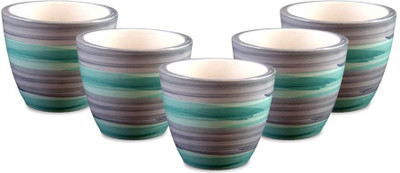 

YELLOW TABLE Combo of 5 Mini Ceramic Flower Pot in Elegant Grey Green Stripes, (Height 3 inch); Pot for Living Room / Table Top / Indoor Plants / Artificial Flowers / Garden D�cor Plant Container Set (Pack of 5, Ceramic) Plant Container Set(Pack of 5, Cer