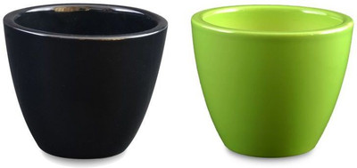 

YELLOWTABLE Combo of Jet Black and Light Green Mini Ceramic Flower Pot (Height 3 inch); Pot for Living Room / Table Top / Indoor Plants / Artificial Flowers / Garden D�cor Plant Container Set (Pack of 2, Ceramic) Plant Container Set(Pack of 2, Ceramic)