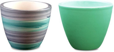 

YELLOWTABLE Combo of Sea Green and Elegant Grey Green Stripes Mini Ceramic Flower Pot (Height 3 inch); Pot for Living Room / Table Top / Indoor Plants / Artificial Flowers / Garden D�cor Plant Container Set (Pack of 2, Ceramic) Plant Container Set(Pack of