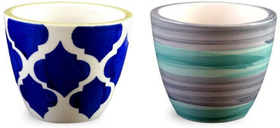

YELLOWTABLE Combo of Umrao Blue and Elegant Grey Green Stripes Mini Ceramic Flower Pot; Pot for Living Room / Table Top / Indoor Plants / Artificial Flowers / Garden D�cor Plant Container Set (Pack of 2, Ceramic) Plant Container Set(Pack of 2, Ceramic)