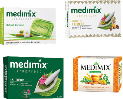 

MEDIMIX AYURVEDIC 18 HERBS 75 GM SOAP WITH NATURAL OILS+ AYURVEDIC NATURAL GLYCERINE 75 GM SOQAP WITH LAKSHADI OIL+ AYURVEDIC SANDAL SOAP 75 GM WITH ELADI OIL FOR GLOWING SKIN+ AYURVEDIC TURMERIC & ARGAN OIL 75 GM SOAP WITH NATURAL GLYCERINE(125 g)
