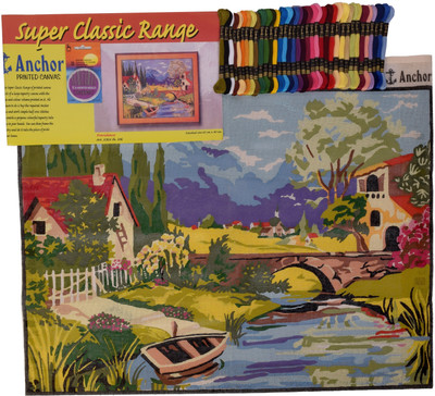

madura coats ltd Anchor Printed Canvas for Embroidery Big Size 60 x 80 cm with 85 Anchor threads & needle set with design & color scheme printed on it, Scenery Design