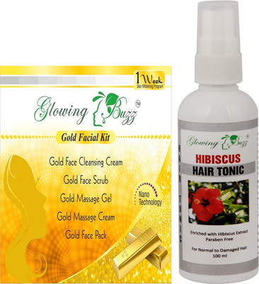 

Glowing Buzz Premium Gold Facial Kit and Hibiscus Hair Tonic(Set of 1)