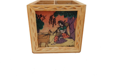 

ROYAL ARTS & CRAFTS 3 Compartments Wooden Pen Stand with Traditional Rajasthani culture(Multicolor)