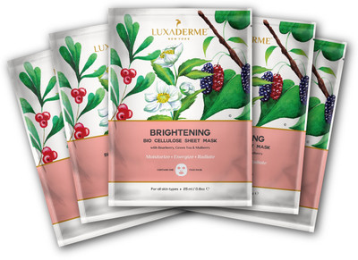 

LuxaDerme LuxaDerme Brightening Bio Cellulose Face Sheet Mask (Pack Of 5) Infused With Essence Containing Arbutin, Niacinamide, Botanical Extracts & Antioxidants To Give An Instant Dose Of Radiance And Glow(125 ml)