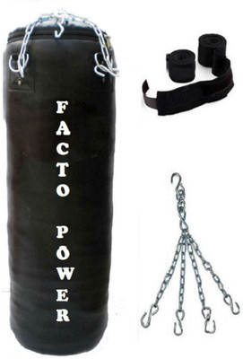 

FACTO POWER 4.0 Feet Long, PU Material, Black Color, Unfilled with Hanging Chain and 9 Freet Long Black Color Hand Wrap Pair Boxing Kit