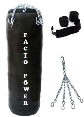 

FACTO POWER 4.5 Feet Long, PU Material, Black Color, Unfilled with Hanging Chain and 9 Freet Long Black Color Hand Wrap Pair Boxing Kit