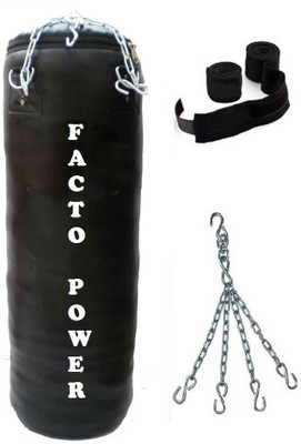

FACTO POWER 5.0 Feet Long, PU Material, Black Color, Unfilled with Hanging Chain and 9 Freet Long Black Color Hand Wrap Pair Boxing Kit