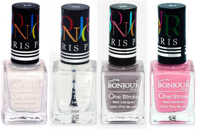 

Bonjour Paris Nail Lacquer Super Stay White, Top coat, Light Gray, Babby Pink(Pack of 4)