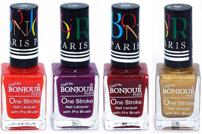 

Bonjour Paris Ultra-long-wear formula High Shine Nail Polish 23 Red, Plum, Dark Red, Golden(Pack of 4)