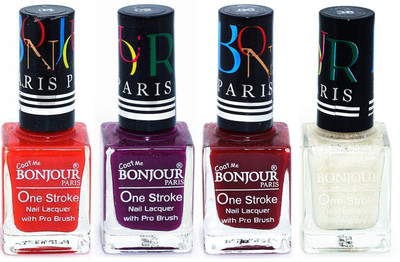 

Bonjour Paris Ultra-long-wear formula High Shine Nail Polish 20 Red, Plum, Dark Red, White(Pack of 4)