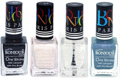 

Bonjour Paris Nail Lacquer Super Stay Black, White, Top coat, Sky Blue(Pack of 4)