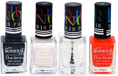 

Bonjour Paris Nail Lacquer Super Stay Black, White, Top coat, Neon Orange(Pack of 4)