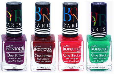 

Bonjour Paris Ultra-long-wear formula High Shine Nail Polish 51 Plum, Dark Red, Pink, Green(Pack of 4)