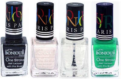 

Bonjour Paris Nail Lacquer Super Stay Black, White, Top coat, Green(Pack of 4)