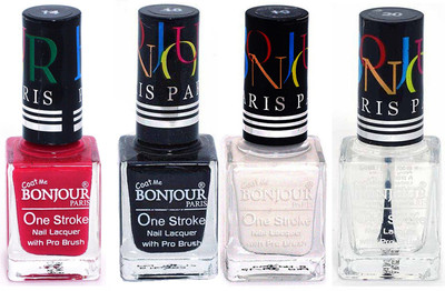 Bonjour Paris Nail Lacquer Super Stay Pink, Black, White, Top coat(Pack of 4)