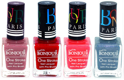 

Bonjour Paris Ultra-long-wear formula High Shine Nail Polish 124 Mauve, Red, Pink, Sky Blue(Pack of 4)