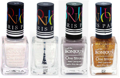 

Bonjour Paris Nail Lacquer Super Stay White, Top coat, Light Gray, Golden(Pack of 4)