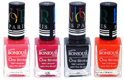 Bonjour Paris Nail Lacquer Super Stay Light Pink, Pink, Black, Neon Orange(Pack of 4)