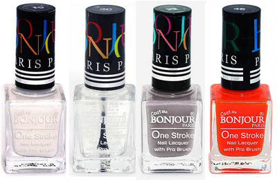 Bonjour Paris Nail Lacquer Super Stay White, Top coat, Light Gray, Neon Orange(Pack of 4)