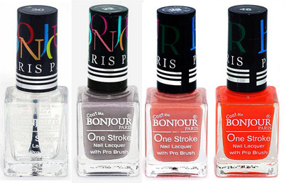 

Bonjour Paris Nail Lacquer Super Stay Top coat, Light Gray, Nude, Neon Orange(Pack of 4)