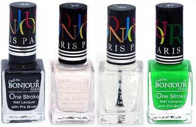 

Bonjour Paris Nail Lacquer Super Stay Black, White, Top coat, Neon Green(Pack of 4)