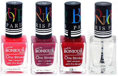 

Bonjour Paris Ultra-long-wear formula High Shine Nail Polish 158 Pink, Mauve, Red, Top coat(Pack of 4)