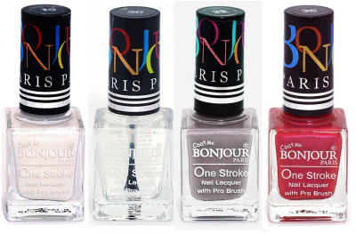 

Bonjour Paris Nail Lacquer Super Stay White, Top coat, Light Gray, Maroon(Pack of 4)