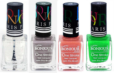 

Bonjour Paris Nail Lacquer Super Stay Top coat, Light Gray, Nude, Neon Green(Pack of 4)