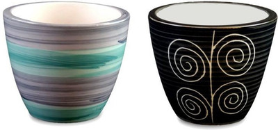 

YELLOWTABLE Combo of Elegant Grey Green Stripes and Rangoli Black Mini Ceramic Flower Pot (Height 3 inch); Pot for Living Room / Table Top / Indoor Plants / Artificial Flowers / Garden D�cor Plant Container Set (Pack of 2, Ceramic) Plant Container Set(Pac