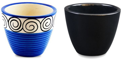 

YELLOWTABLE Combo of Batik Blue and Jet Black Mini Ceramic Flower Pot (Height 3 inch); Pot for Living Room / Table Top / Indoor Plants / Artificial Flowers / Garden D�cor Plant Container Set (Pack of 2, Ceramic) Plant Container Set(Pack of 2, Ceramic)