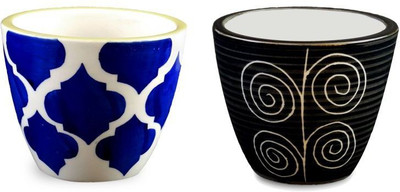 YELLOWTABLE Combo of Umrao Blue and Rangoli Black Mini Ceramic Flower Pot (Height 3 inch); Pot for Living Room / Table Top / Indoor Plants / Artificial Flowers / Garden D�cor Plant Container Set (Pack of 2, Ceramic) Plant Container Set(Pack of 2, Ceramic)