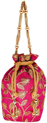 

Bagaholics Ethnic Silk Clutch Potli Batwa Pouch Bag with Embroidery and Metal Bead work Gift For Women Potli(Pink)