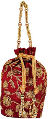 

Bagaholics Ethnic Silk Clutch Potli Batwa Pouch Bag with Embroidery and Metal Bead work Gift For Women Potli(Maroon)