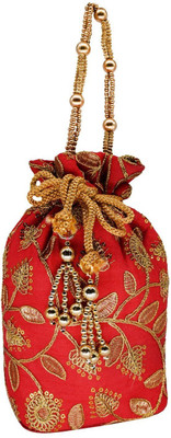 

Bagaholics Ethnic Silk Clutch Potli Batwa Pouch Bag with Embroidery and Metal Bead work Gift For Women Potli(Red)