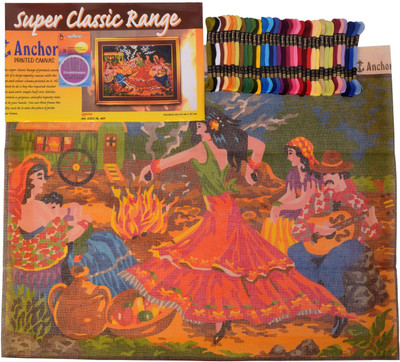 

madura coats ltd Anchor Printed Canvas for Embroidery Big Size 60 x 80 cm with 109 Anchor threads & needle set with design & color scheme printed on it, Gypsies Design
