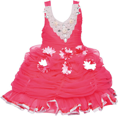 Wishkaro Girls Midi/Knee Length Party Dress(Red, Sleeveless)