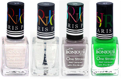 

Bonjour Paris Nail Lacquer Super Stay White, Top coat, Light Gray, Neon Green(Pack of 4)