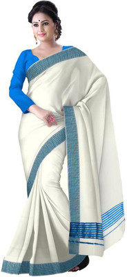 Redbrickshop Solid Kasavu Cotton Blend Saree(White)