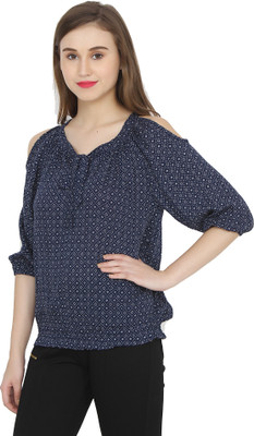 Hrikshika Fashion Casual 3/4 Sleeve Solid Women Dark Blue Top