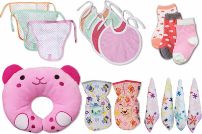

My New Born Daily Use Pack having 3 Nappies, 2 Bottle Covers, 1 Pillow, 3 Pairs of Socks, 4 Towel Bibs and 4 Hand and Face towel for babies(Pink)