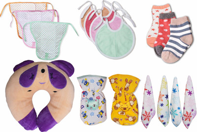 

My New Born Daily Use Pack having 3 Nappies, 2 Bottle Covers, 1 Pillow, 3 Pairs of Socks, 4 Towel Bibs and 4 Hand and Face towel for babies(Beige)