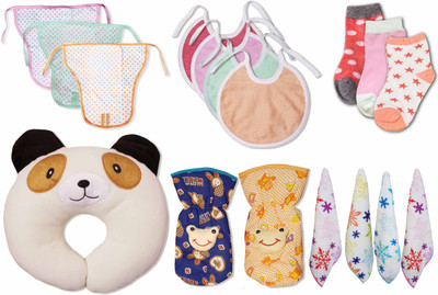 

My New Born Daily Use Pack having 3 Nappies, 2 Bottle Covers, 1 Pillow, 3 Pairs of Socks, 4 Towel Bibs and 4 Hand and Face towel for babies(Cream)