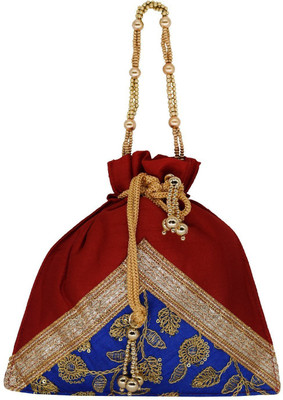 

Bagaholics Ethnic Silk Clutch Potli Batwa Pouch Bag with Embroidery and Metal Bead work Gift For Women Potli(Red)