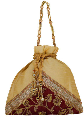 

Bagaholics Ethnic Silk Clutch Potli Batwa Pouch Bag with Embroidery and Metal Bead work Gift For Women Potli(Gold)