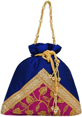 

Bagaholics Ethnic Silk Clutch Potli Batwa Pouch Bag with Embroidery and Metal Bead work Gift For Women Potli(Blue)