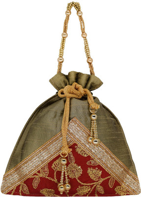 

Bagaholics Ethnic Silk Clutch Potli Batwa Pouch Bag with Embroidery and Metal Bead work Gift For Women Potli(Brown)