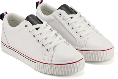 

DeVEE Colour Block Synthetic Leather White Sneakers For Women(White, Black